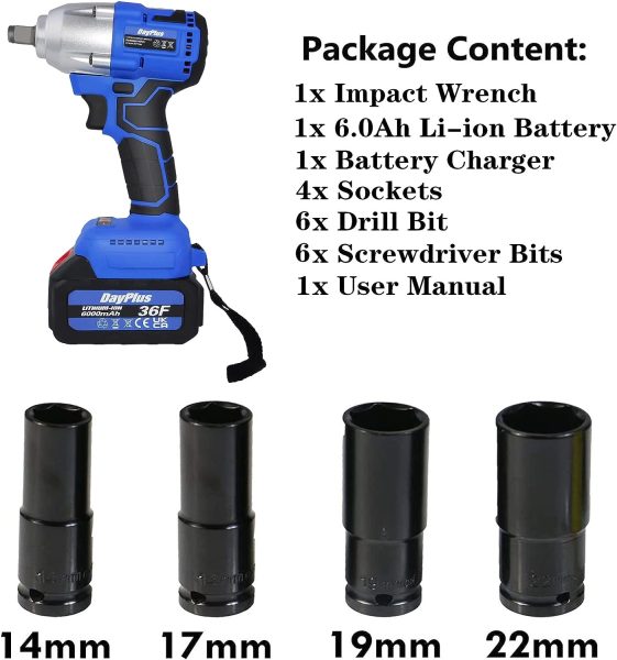 21V Clé à Chocs Sans Fil, 1/2 Boulonneuse à Choc Electrique Couple élevé 420Nm avec 6.0Ah Batterie Lithium, Visseuse à Chocs Sans fil, 4 Douilles, Kit de clé à chocs puissant Pour Boulons de Roue