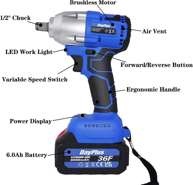 21V Clé à Chocs Sans Fil, 1/2 Boulonneuse à Choc Electrique Couple élevé 420Nm avec 6.0Ah Batterie Lithium, Visseuse à Chocs Sans fil, 4 Douilles, Kit de clé à chocs puissant Pour Boulons de Roue