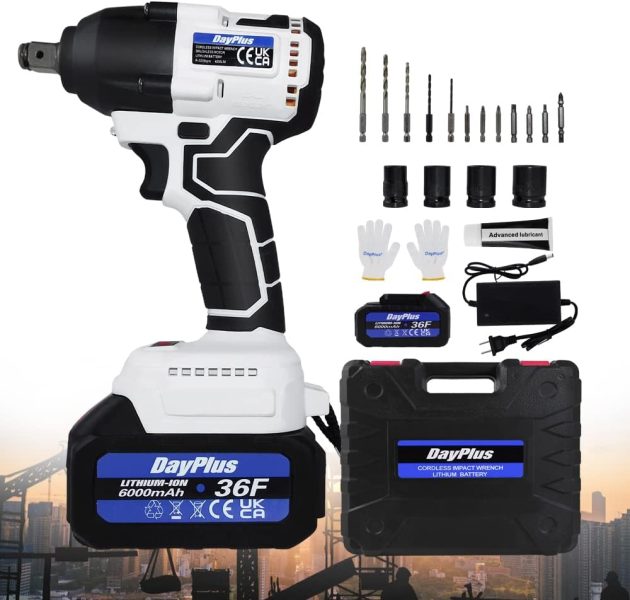 AUTOFU Clé à Choc Sur Batterie 21V Brushless Cle a Choc Electrique, 420N.m Boulonneuse a Choc, Visseuse à Choc Clef 3200RPM, 4 Douilles à Chocs, 12pcs Accessoires, Une Batteries et Chargeur