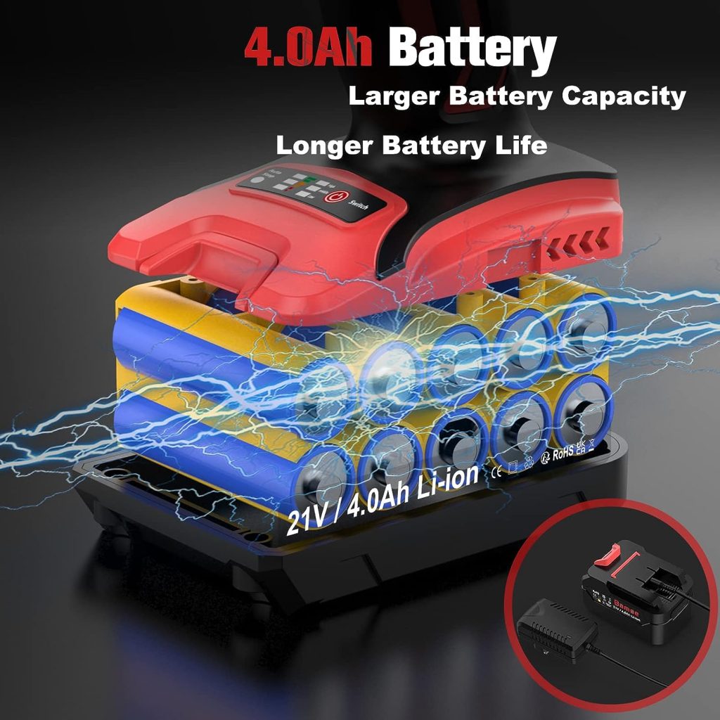 Bamse Clé à Chocs Sans Fil Brushless, Boulonneuse a Choc Electrique 550Nm avec 4.0Ah Batterie 21V, Visseuse à Chocs Dimpact avec 4 Douilles, 6 Mèches, 1 Adaptateur pour la Voiture et la Maison
