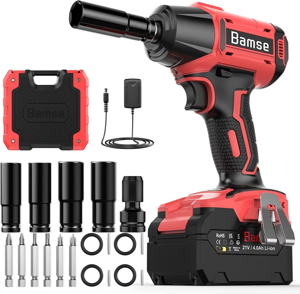 Bamse Clé à Chocs Sans Fil Brushless, Boulonneuse a Choc Electrique 550Nm avec 4.0Ah Batterie 21V, Visseuse à Chocs Dimpact avec 4 Douilles, 6 Mèches, 1 Adaptateur pour la Voiture et la Maison