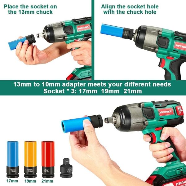 Boulonneuse a Choc, HYCHIKA 18V Cle a Choc Sans Fil 350Nm, Batterie 4.0Ah avec Chargeur Rapide 1 heure, 10/13mm Mandrin, Livré avec 3 Douilles à Chocs 17/19/21 mm pour le Retrait des Boulons de Roue