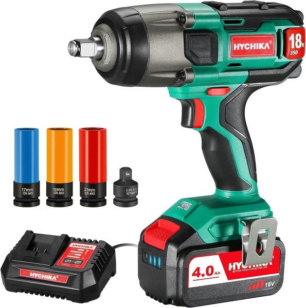 Boulonneuse a Choc, HYCHIKA 18V Cle a Choc Sans Fil 350Nm, Batterie 4.0Ah avec Chargeur Rapide 1 heure, 10/13mm Mandrin, Livré avec 3 Douilles à Chocs 17/19/21 mm pour le Retrait des Boulons de Roue