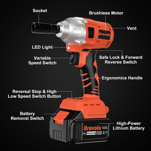 Clé à Chocs Sans Fil, Bravolu 21V Brushless 420N.m Max Boulonneuse a Choc avec 4,0Ah Batterie, Visseuse à Choc Fréquence dimpact 3500IPM, avec 4 Douilles à Chocs