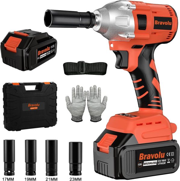 Clé à Chocs Sans Fil, Bravolu 21V Brushless 420N.m Max Boulonneuse a Choc avec 4,0Ah Batterie, Visseuse à Choc Fréquence dimpact 3500IPM, avec 4 Douilles à Chocs