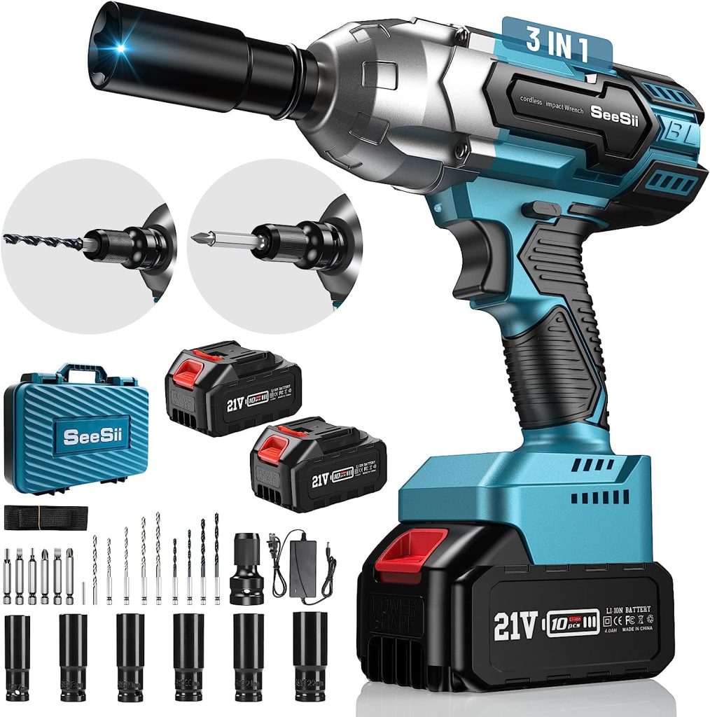 Clé à Chocs Sans Fil Brushless, Seesii 650Nm Boulonneuse a Choc Electrique avec Deux Batteries 4.0Ah 21V, Visseuse à chocs Fréquence dimpact 3000 IPM/ 3300RPM, avec 6 Douilles à Chocs, WH700