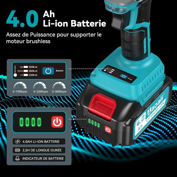 Clé à Chocs Sans Fil Brushless, Uaoaii Boulonneuse à Choc Electrique 550Nm avec Grande Batterie 4.0Ah 21V et Adaptateur Visseuse à Chocs avec 5 Douilles 8 Mèches Boulonner Déboulonner sans Effort