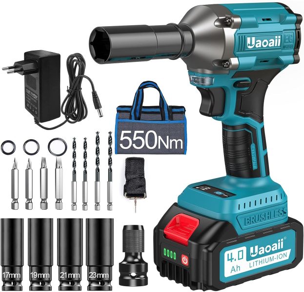 Clé à Chocs Sans Fil Brushless, Uaoaii Boulonneuse à Choc Electrique 550Nm avec Grande Batterie 4.0Ah 21V et Adaptateur Visseuse à Chocs avec 5 Douilles 8 Mèches Boulonner Déboulonner sans Effort