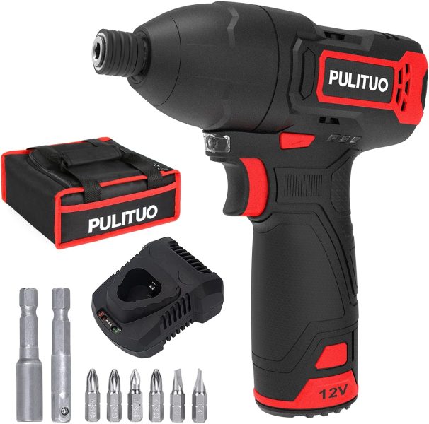 Clé à chocs sans fil, PULITUO cle a choc electrique, batterie Li-ion 2,0 Ah avec chargeur, tournevis à percussion 3/8, kit doutils pour clé à chocs avec 1 batteria