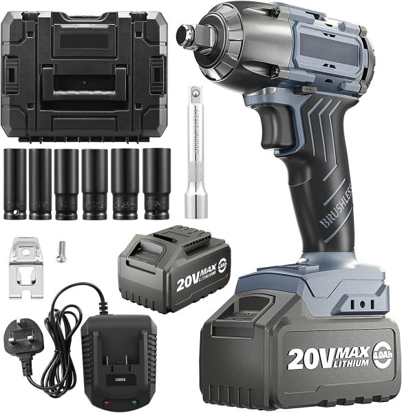 FNRIDS 600NM Clé à Chocs Sans fil, 20V Clé à Chocs Sans Balais, Batteries 4Ah,Vitesse Variable du Chargeur Rapide (0-2800 tr/min/0-2300 tr/min)
