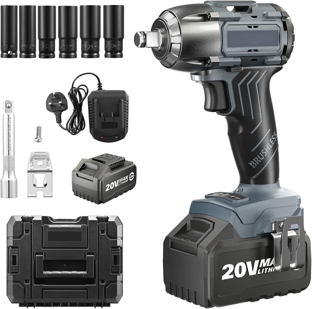FNRIDS Clé à chocs sans fil, clé à chocs dynamométrique 600 Nm, vitesse variable 2300/2800 tr/min, avec batterie Li-ion 4.0Ah et chargeur, avec levier dextension et 6 douilles (clé à chocs)