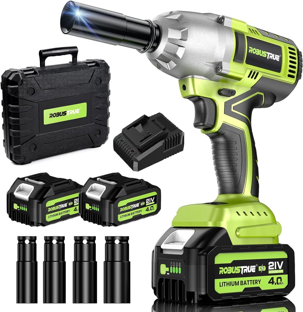 Robustrue Clé à Chocs Sans Fil Brushless, 800N.m Boulonneuse a Choc Electrique avec 2 Batteries 4.0Ah 21V, Cle a Choc avec Fréquence dimpact 2500IPM, 4 Douilles à Chocs, Chargeur de Voiture