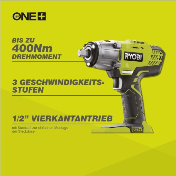 Ryobi - Boulonneuse à chocs sans fil 18 Volts ONE+, emmanchement carré 1/2 livrée avec 1 batterie 2,0 Ah, chargeur et 3 douilles (17/19/21mm) - R18IW3-120S3