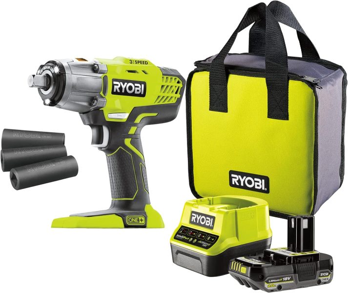Ryobi - Boulonneuse à chocs sans fil 18 Volts ONE+, emmanchement carré 1/2 livrée avec 1 batterie 2,0 Ah, chargeur et 3 douilles (17/19/21mm) - R18IW3-120S3
