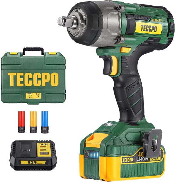 TECCPO Clé à Choc sans Fil BRUSHLESS, 500N.m, 1H 4A Chargeur, 4.0Ah Batterie, 13mm dEntraînement Carré (1/2’’), 3 Douilles à Chocs (Acier allié au chrome-molybdène CR-MO)-17, 19, 21mm-TDIW02P