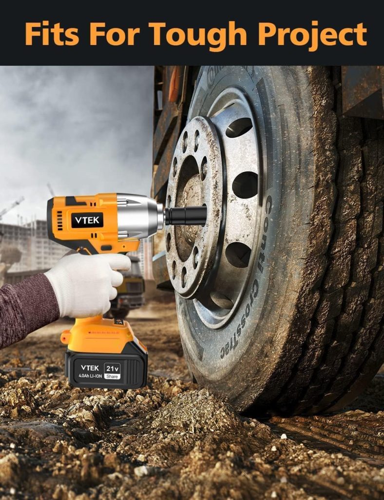 VTEK Clé à chocs sans balais Mandrin 1/2, Clé à Chocs Sans Fil Brushless,Couple maximum 700 N.m Clé à chocs sans fil 515 ft-lbs, Boulonneuse a Choc Electrique,Pistolet à chocs pour niveaux de voiture