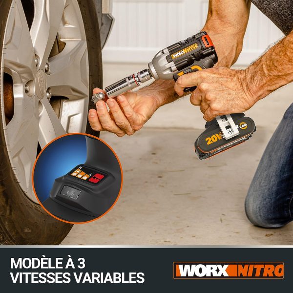 WORX NITRO - Clé à chocs sans fil Brushless 20V - 300Nm - WX272.9-6,35 mm HEX (Livrée avec 2 batteries et chargeur rapide, crochet, embout de tournevis, coffret)