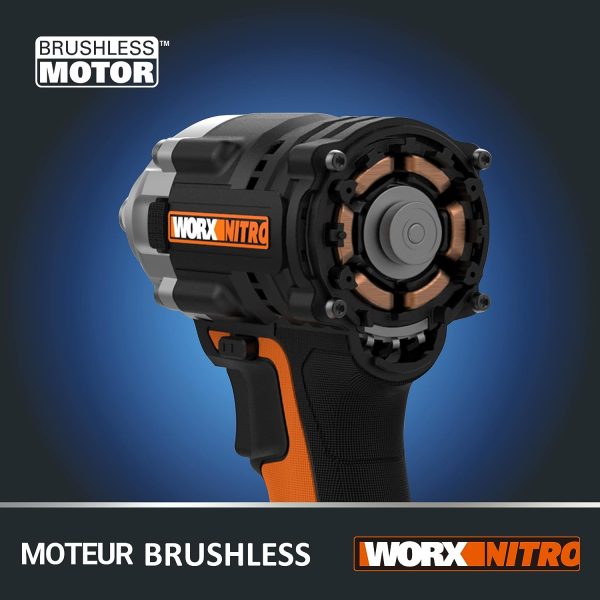 WORX NITRO - Clé à chocs sans fil Brushless 20V - 300Nm - WX272.9-6,35 mm HEX (Livrée avec 2 batteries et chargeur rapide, crochet, embout de tournevis, coffret)