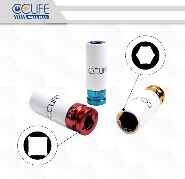 CCLIFE 3 pièces Jeux de douille a choc 1/2,17-19-21mm CR-MO Matière | douille a choc pour jantes alu | kit douilles roue voiture 78mm Longueur
