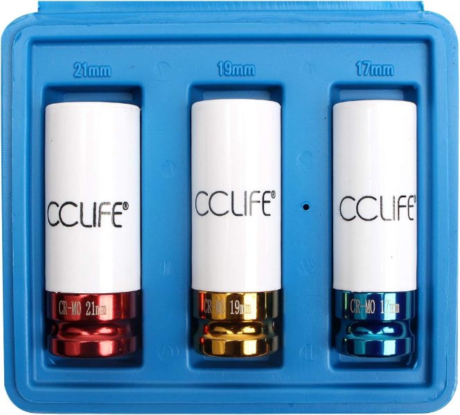 CCLIFE 3 pièces Jeux de douille a choc 1/2,17-19-21mm CR-MO Matière | douille a choc pour jantes alu | kit douilles roue voiture 78mm Longueur