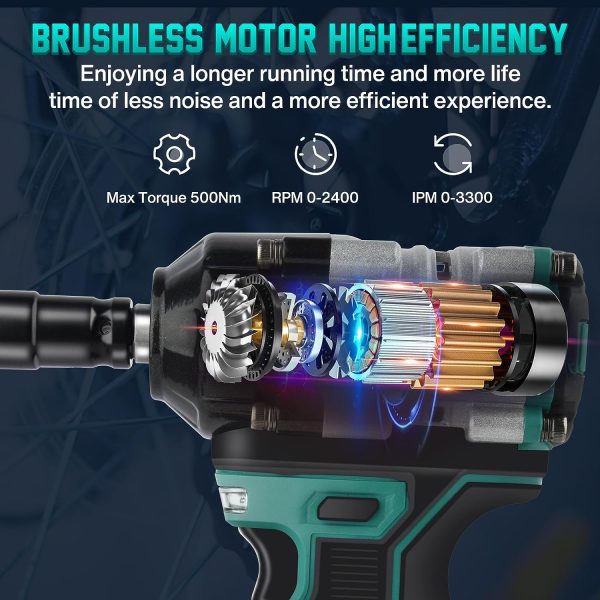 Cle a Choc Sans Fil Couple élevé de 500 Nm (384 Pi-Lb),3300 TR/Min Avec Batterie au Lithium 2x3.0Ah, Boulonneuse a Choc Avec Moteur Sans Balais Pour Voiture Familiale