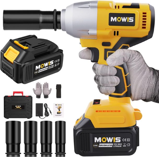 Clé à chocs sans fil MOWIS 700N.m Boulonneuse a Choc Electrique 4.0Ah Batteries 21V, Visseuse à Chocs Dimpact, 4800 tr/min, Moteur brushless, 3 vitesses variables, Lumière LED, 4 douilles