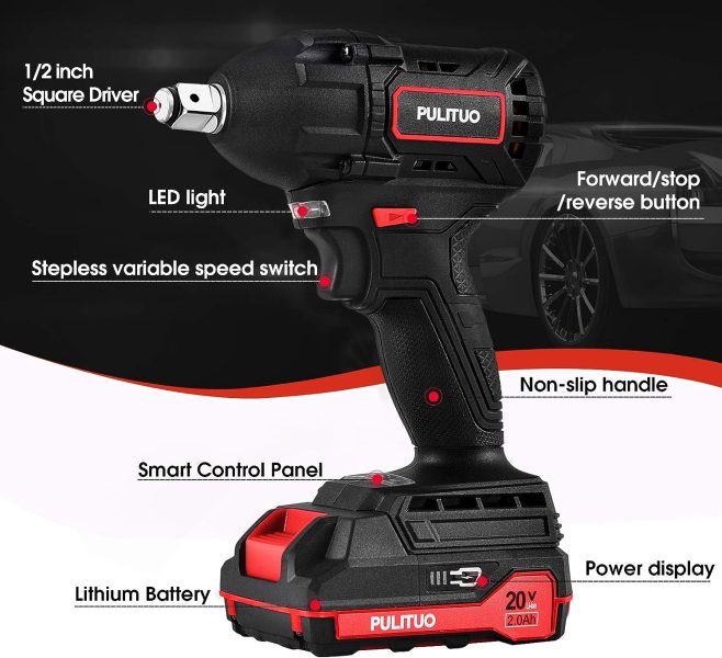 Clé à Chocs Sans Fil,PULITUO 20V 400Nm Boulonneuse a Choc Brushless avec 2.0Ah Batterie, 1H de charge rapide, 4 Douilles à Chocs pour 17/19/21/23 mm, Boîte Compacte