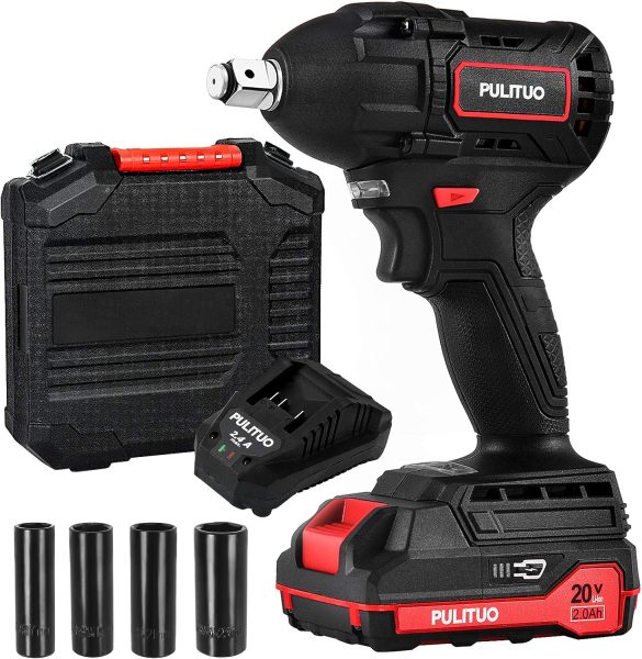 Clé à Chocs Sans Fil,PULITUO 20V 400Nm Boulonneuse a Choc Brushless avec 2.0Ah Batterie, 1H de charge rapide, 4 Douilles à Chocs pour 17/19/21/23 mm, Boîte Compacte