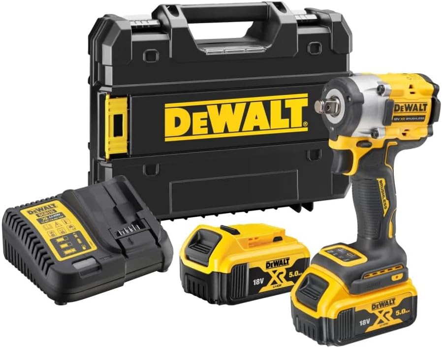 DeWalt Clé Impact sans balais XR 18 V 1/2 406 Nm avec anneau de rétention avec 2 batteries Li-Ion 5 Ah et mallette TSTAK marque, DCF921P2T-QW, Multicolore