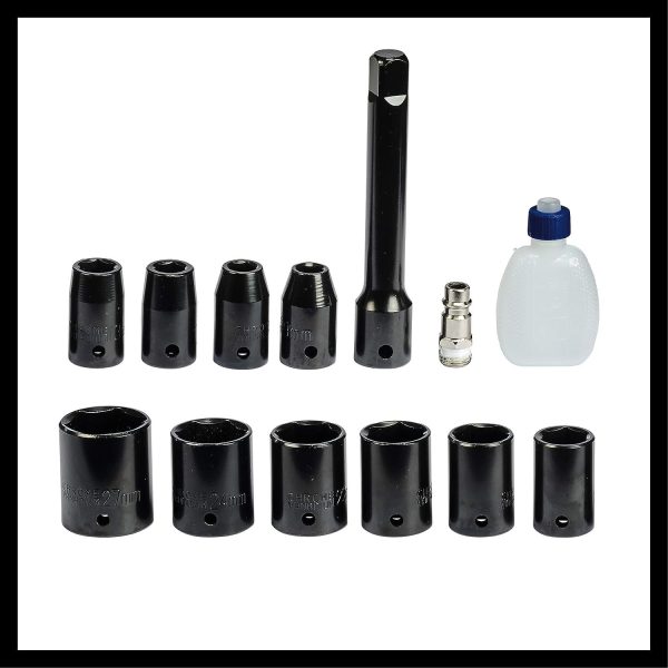 Einhell Clé à chocs pneumatique TC-PW 610 (couple max. 610 Nm, rotation gauche/droite, 10 douilles, flacon dhuile (vide), raccord, rallonge de 125 mm, coffret de transport)