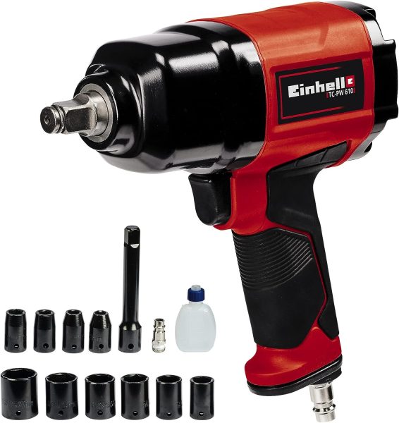 Einhell Clé à chocs pneumatique TC-PW 610 (couple max. 610 Nm, rotation gauche/droite, 10 douilles, flacon dhuile (vide), raccord, rallonge de 125 mm, coffret de transport)