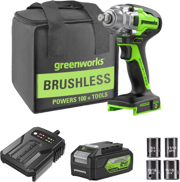 Greenworks Clé à Chocs Sans Fil Moteur Brushless 400 Nm Kit Boulonneuse a Choc (4 douilles Jeu de profilés, 3 Vitesses Variables, 13mm Mandrin, Éclairage LED)