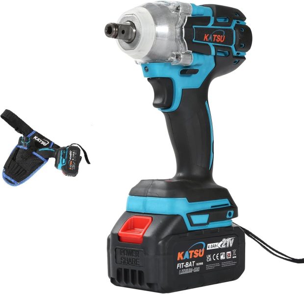 KATSU FIT-BAT 21V Clé à Chocs sans Fil Brushless avec 4.0Ah Batterie, 1/2 400Nm Clé à Chocs Électrique Cordless, avec 2 Adaptateurs, 0-3500IPM 102488