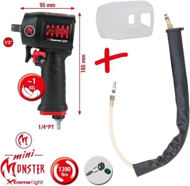 KS Tools 515.1155 - Clé à Choc Pneumatique Mini Monster Xtremelight 1/2 - Boulonneuse à Choc avec Silencieux et Protection Silicone - Visseuse à Choc Électrique Ultra Légère - Puissance Max 1390 Nm