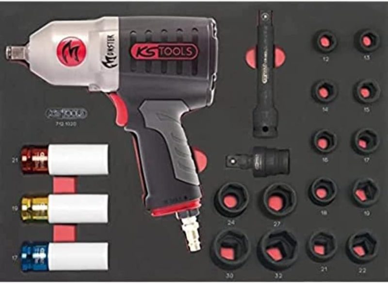 KS Tools 712.1020 - Clé à Choc Pneumatique Monster 1/2 avec Douilles  Accessoires en Module - Boulonneuse à Choc Haute Performance - Visseuse à Choc Électrique - Module Servante  Établi - 20 Pcs