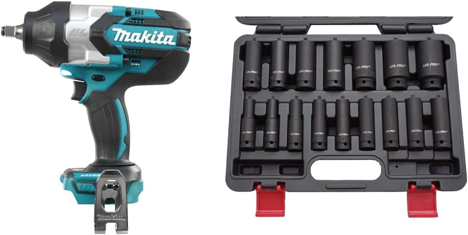 Makita DTW1002Z Clé à chocs sans balai, 1 000 N m, couleur bleue  US PRO B1340 Jeu de 16 douilles à choc 1/2 de 10 à 32 mm