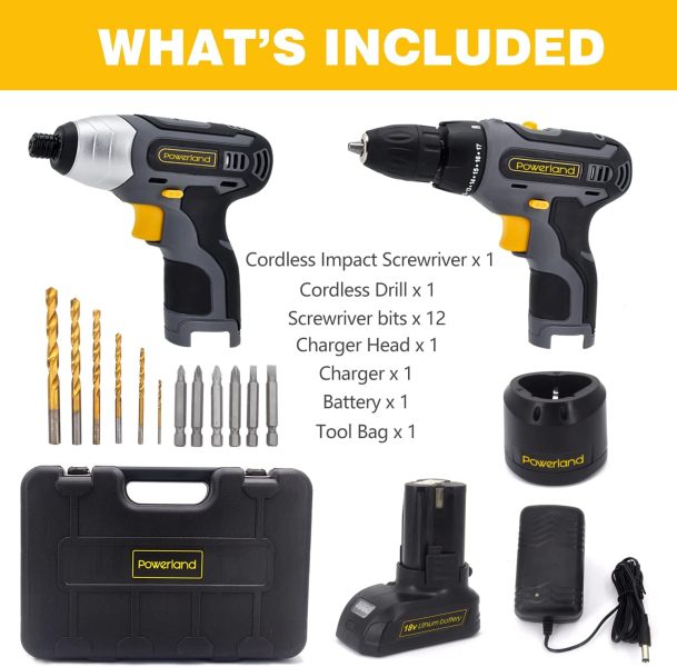 Powerland 17pcs Perceuses Combi 20V,Perceuse visseuse sans fil,Visseuse a Chocs 1/4“,avec 2 batteries Lion avec chargeur rapide ensemble d‘outils trousse