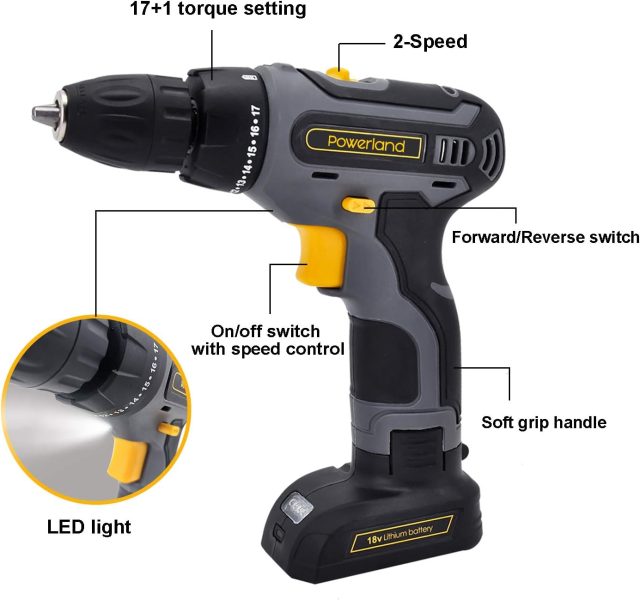 Powerland 17pcs Perceuses Combi 20V,Perceuse visseuse sans fil,Visseuse a Chocs 1/4“,avec 2 batteries Lion avec chargeur rapide ensemble d‘outils trousse