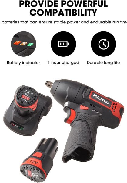 PULITUO Clé à Chocs Sans Fil, 12V 120Nm Boulonneuse a Choc avec 2.0Ah Batterie, 1H de charge rapide, Boîte Compacte