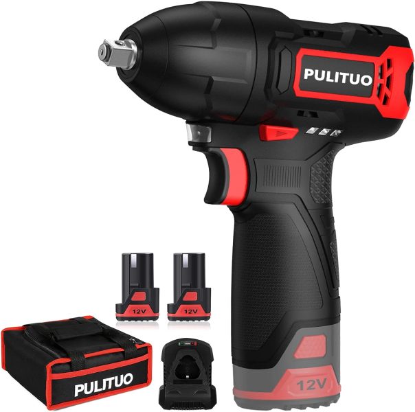 PULITUO Clé à Chocs Sans Fil, 12V 120Nm Boulonneuse a Choc avec 2.0Ah Batterie, 1H de charge rapide, Boîte Compacte