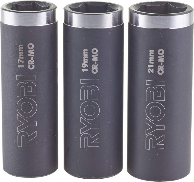 Ryobi - Boulonneuse Électrique Sans Fil 18V ONE+ 400 Nm - Clé à Chocs 3 Vitesses et 3 Couples Blister de 3 douilles 1/2 spéciales automobile : 17 mm / 19 mm / 21 mm - RAKPISOC3