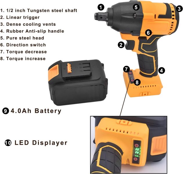 RYUNQ 21V Clé à chocs sans fil, 6 Vitesses Réglables, Boulonneuse a Choc Electrique, 150-330Nm Affichage du couple, Kit de clé à chocs puissant, Batteries Li-lon 2 * 4.0Ah, Lumière de travail de nuit