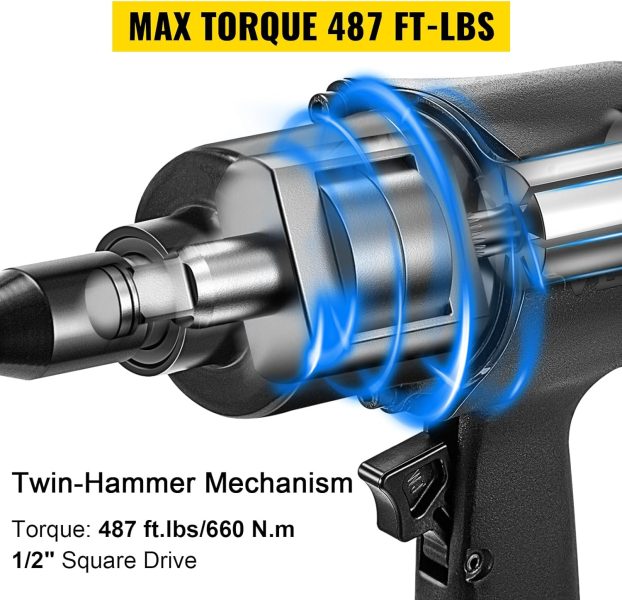 VEVOR Clé à Choc sans Fil, 660 Nm Deboulonneuse à Choc Pneumatique, Réversible Boulonneuse à Choc, Clé Choc Pneumatique Mécanisme Twin-Hammer, Coque en Aluminium et Compacte Visseuse à Choc