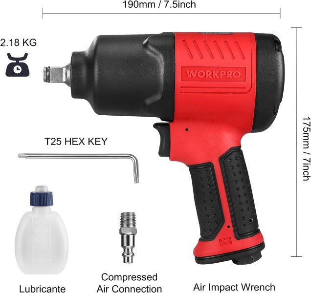 WORKPRO Clé à Choc Pneumatique 1/2, Clé à Choc à Air avec Couple de Desserrage Maximal de 1200 Nm, 7500 tr/min, pour Changer les Pneus, La Réparation dAutomobile (2,18kg, Puissant)