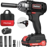 PULITUO 20V 1/2 pouce Clé à Chocs Sans Fil,Boulonneuse à Choc Electrique 2.0Ah Batterie avec Chargeur Rapide,Lithium-Ion Visseuse à Chocs,2800Rpm,3*Douilles à Chocs,2*Vis à Tête Bombée,1* Adaptateur