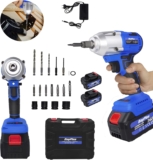 Sans Balais électrique Clé à Chocs Sans Fil avec Mandrin 1/2&Prime; Cark, Couple maximal 420N.m, 2 x 3,0Ah Piles, douille-14mm/17mm/19mm/22mm, Brushless Cle a choc sans fil avec boîte à outils