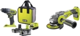 RYOBI – Perceuse-Visseuse à Percussion 18V ONE+ – 2 Vitesses – Livrée avec 1 Batterie Lithium+ 2,0Ah et 1 Batterie Lithium+ 4,0Ah, 1 Chargeur et 1 Sac de Rangement – R18PD2-242S & Meuleuse d&rsquo;Angle