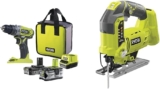 RYOBI – Perceuse-Visseuse à Percussion 18V ONE+ – 2 Vitesses & Scie Sauteuse Pendulaire 4 Positions 18 V ONE+ Sans Fil Pour Coupes Parfaites, Sans Éclat, Droites, de Finitions