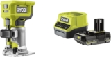 Ryobi – Affleureuse à bois 18V – 30 000 tr/min – Livrée avec 1 pince de 6 mm, 1 mèche de coupe, clé, guide – 1 batterie 2Ah, 1 chargeur rapide et 1 coffret de 5 fraises panachées (6mm)