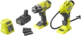 RYOBI – Duo ONE+ 18V : Boulonneuse à chocs 400 Nm – carré 1/2&Prime; – Livrée avec 1 adaptateur 1/4 » & 3 douilles + Compresseur 10,3 bars – Livré avec 3 embouts de gonflage + Chargeur & batterie 1,5Ah